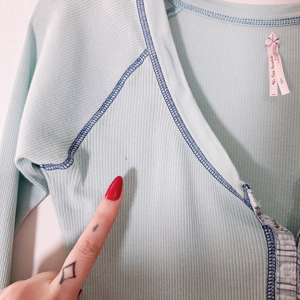 Free People Y2K Vintage Henley Thermal Ribbed Top Sword Embroidery Blue - Picture 2 of 8